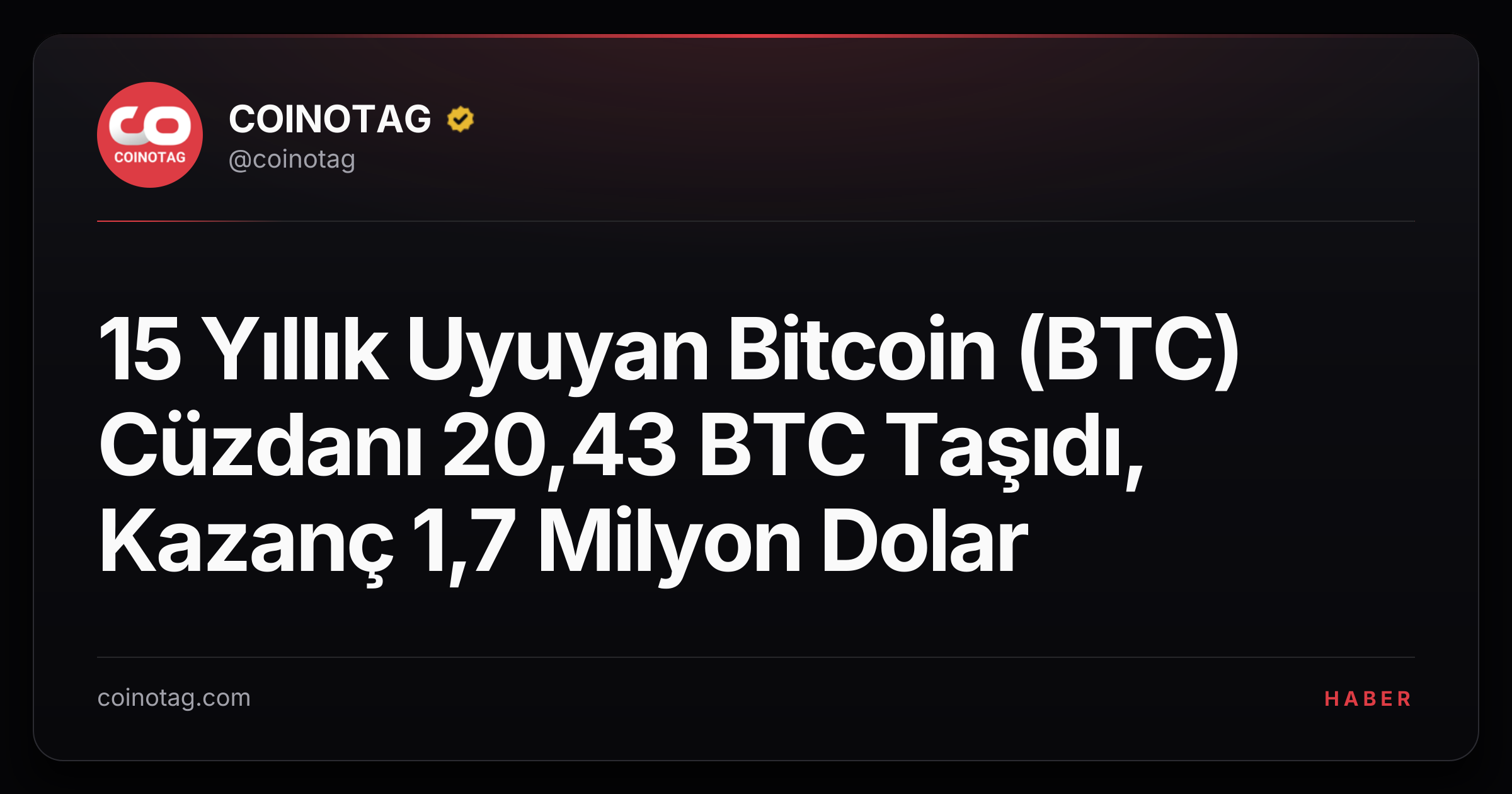 15 Yıllık Uyuyan Bitcoin (BTC) Cüzdanı 20,43 BTC Taşıdı, Kazanç 1,7 Milyon Dolar