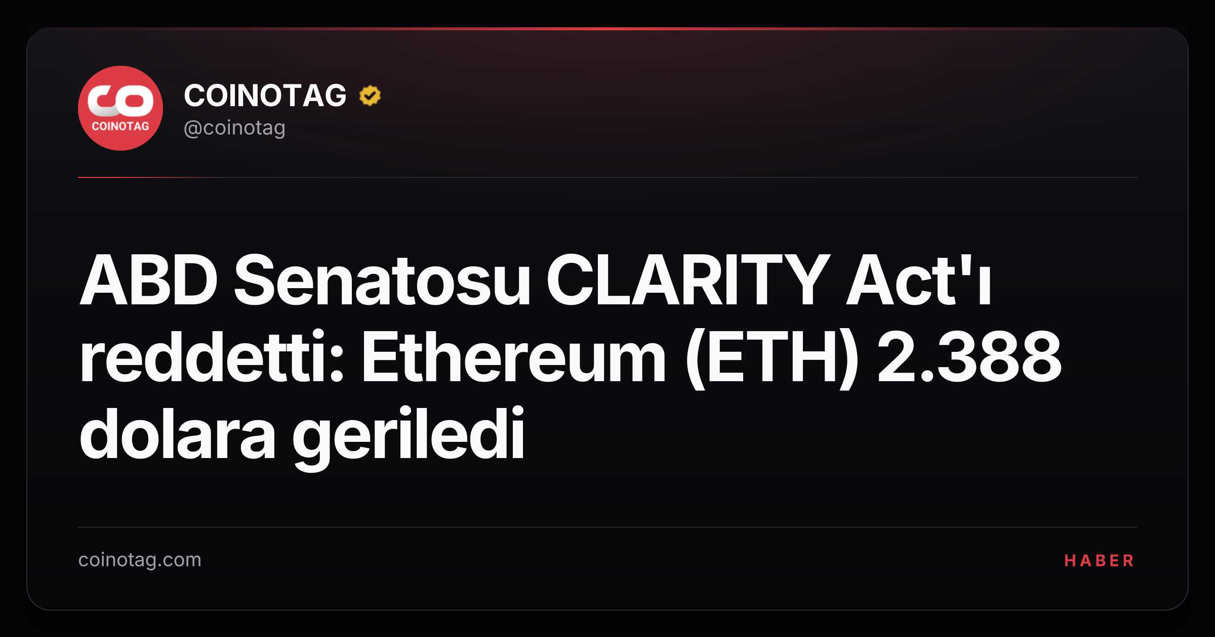 ABD Senatosu CLARITY Act'ı reddetti: Ethereum (ETH) 2.388 dolara geriledi
