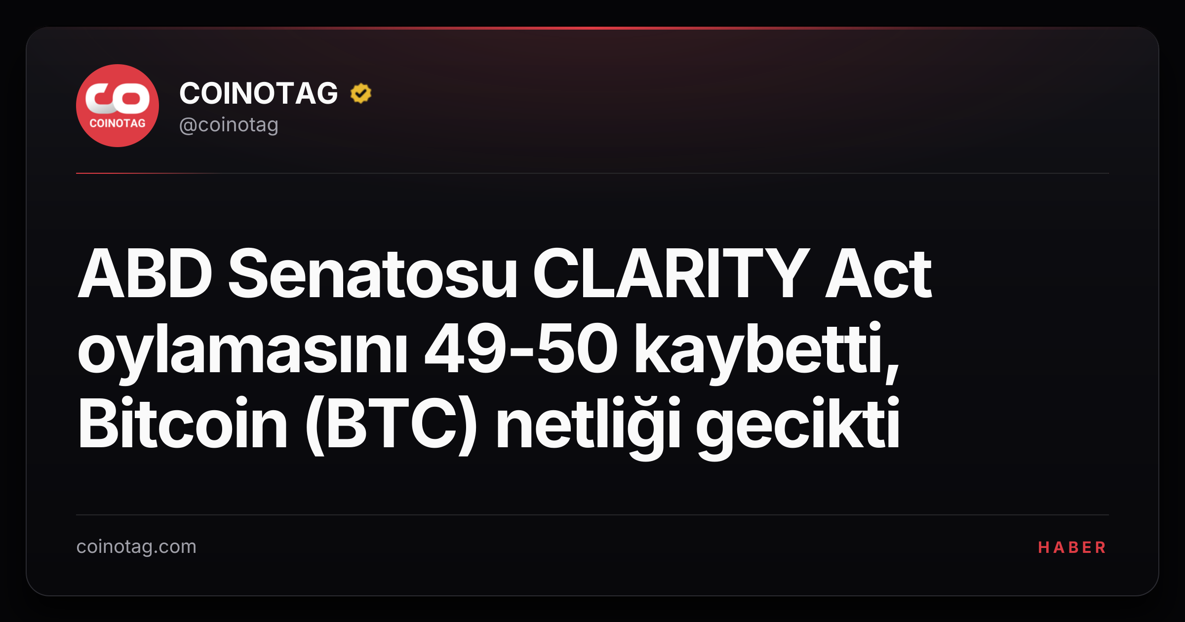ABD Senatosu CLARITY Act oylamasını 49-50 kaybetti, Bitcoin (BTC) netliği gecikti