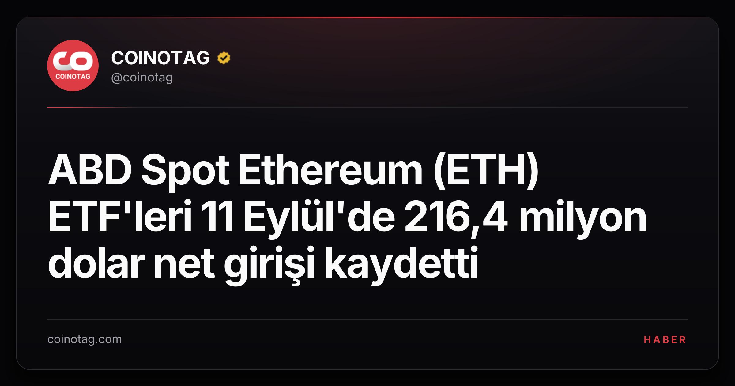 ABD Spot Ethereum (ETH) ETF'leri 11 Eylül'de 216,4 milyon dolar net girişi kaydetti