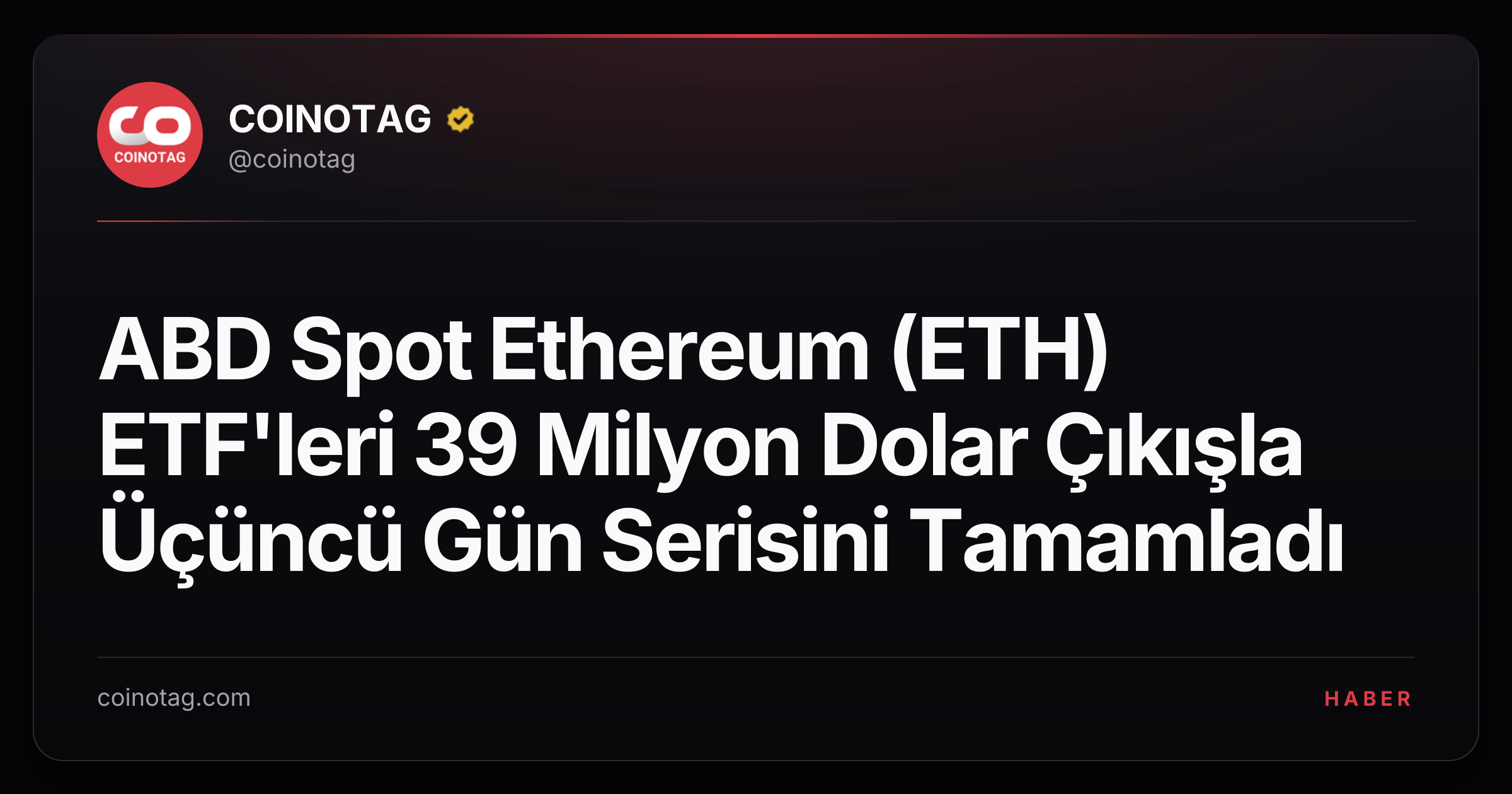 ABD Spot Ethereum (ETH) ETF'leri 39 Milyon Dolar Çıkışla Üçüncü Gün Serisini Tamamladı