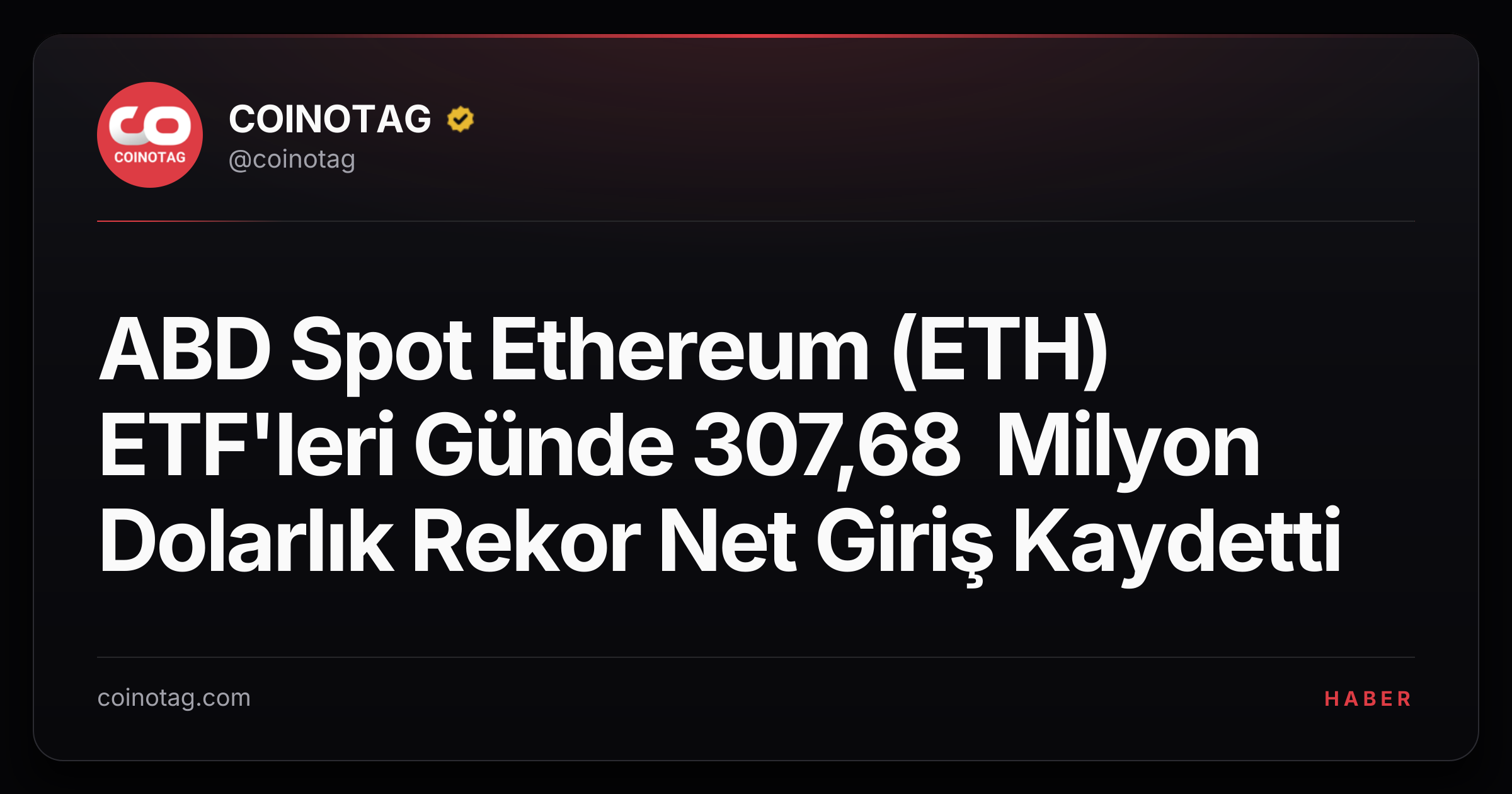 ABD Spot Ethereum (ETH) ETF'leri Günde 307,68 Milyon Dolarlık Rekor Net Giriş Kaydetti