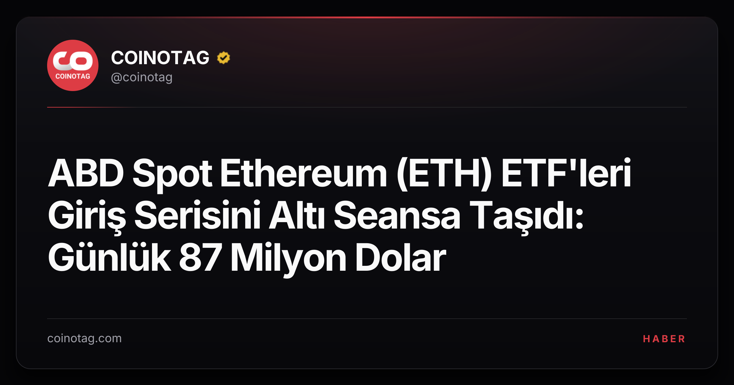 ABD Spot Ethereum (ETH) ETF'leri Giriş Serisini Altı Seansa Taşıdı: Günlük 87 Milyon Dolar