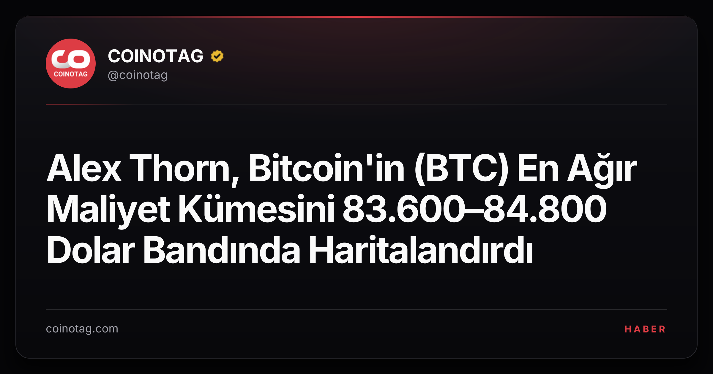 Alex Thorn, Bitcoin'in (BTC) En Ağır Maliyet Kümesini 83.600–84.800 Dolar Bandında Haritalandırdı
