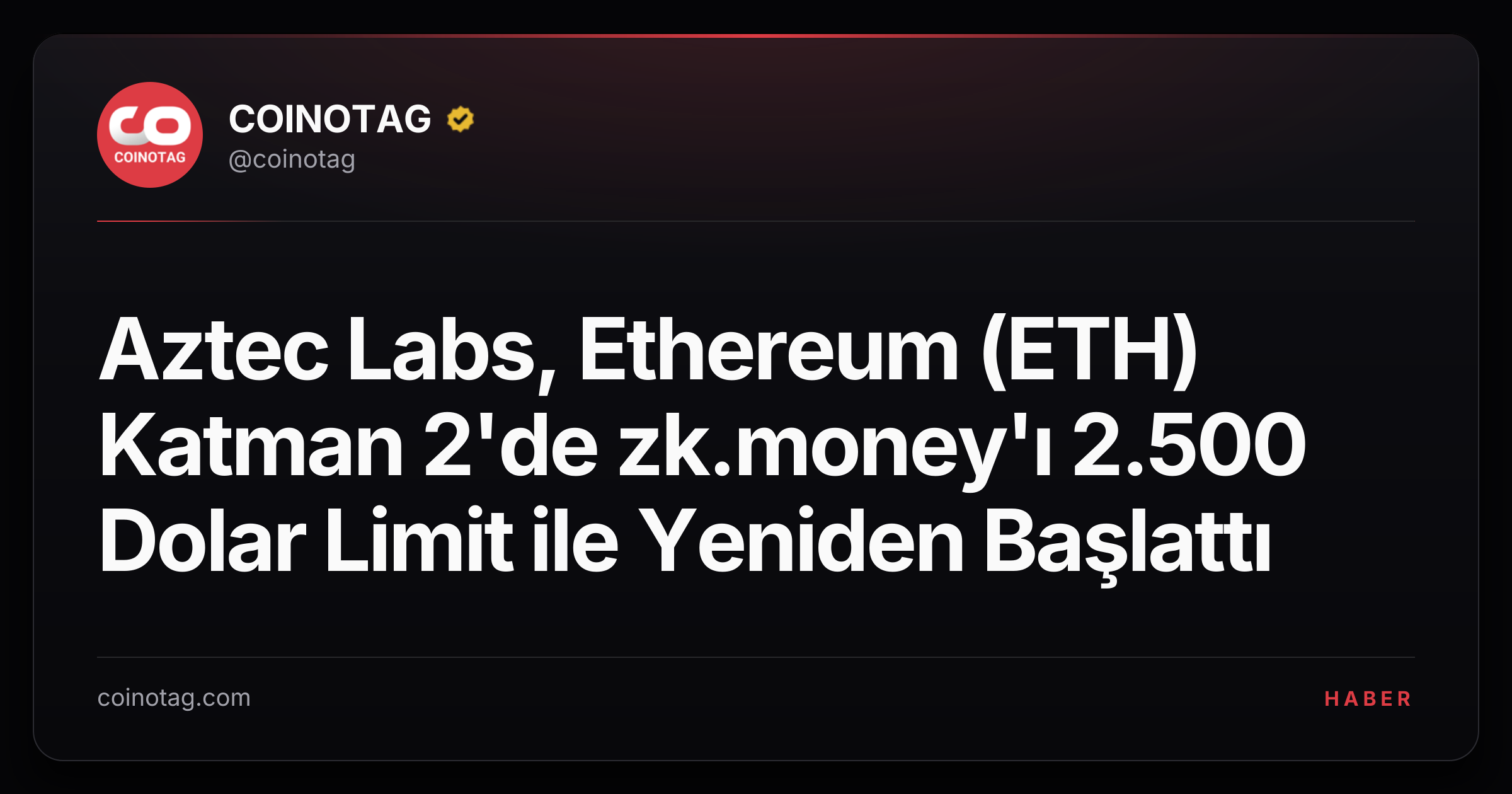 Aztec Labs, Ethereum (ETH) Katman 2'de zk.money'ı 2.500 Dolar Limit ile Yeniden Başlattı