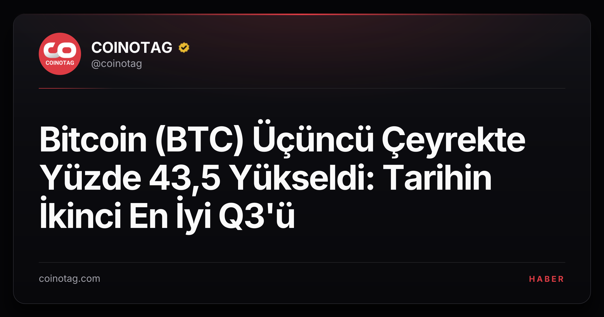 Bitcoin (BTC) Üçüncü Çeyrekte Yüzde 43,5 Yükseldi: Tarihin İkinci En İyi Q3'ü