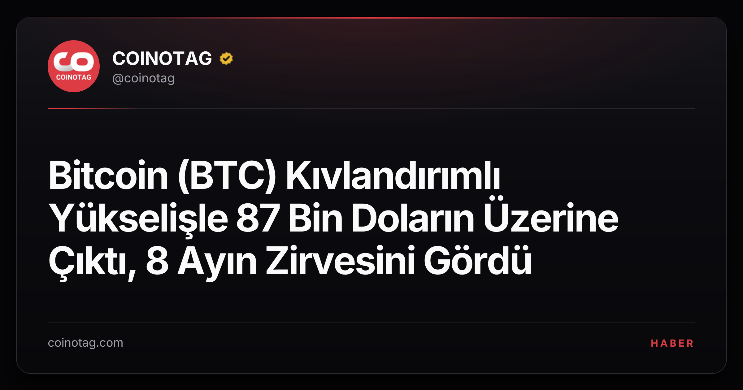 Bitcoin (BTC) Kıvlandırımlı Yükselişle 87 Bin Doların Üzerine Çıktı, 8 Ayın Zirvesini Gördü
