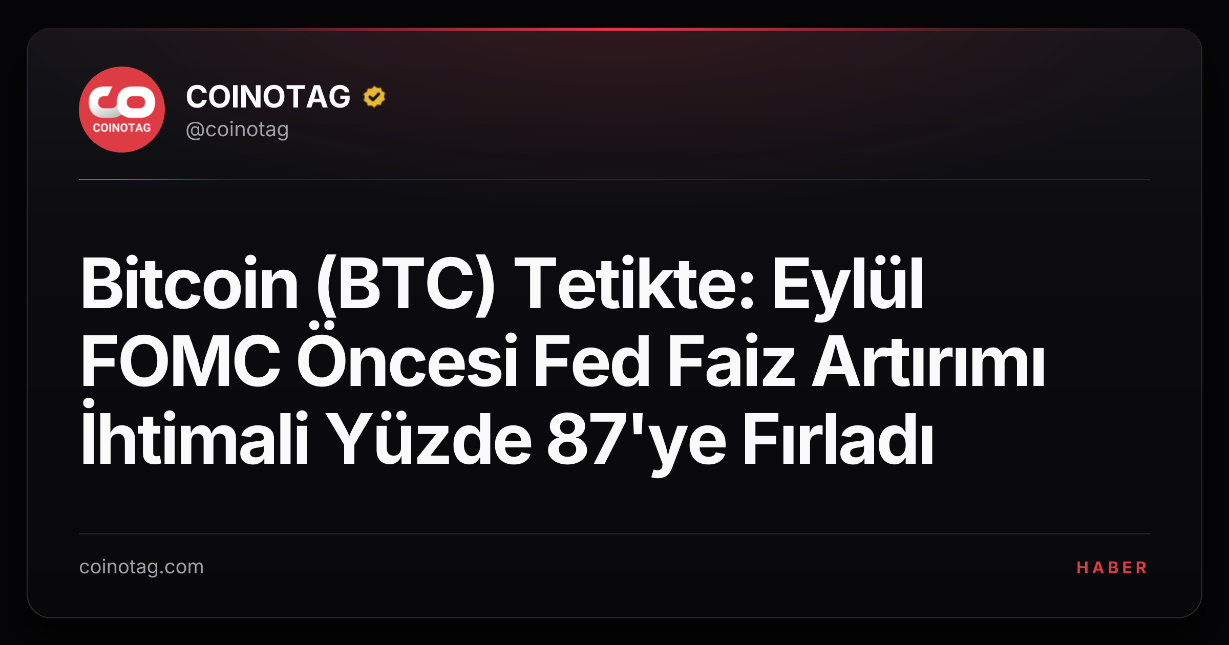 Bitcoin (BTC) Tetikte: Eylül FOMC Öncesi Fed Faiz Artırımı İhtimali Yüzde 87'ye Fırladı