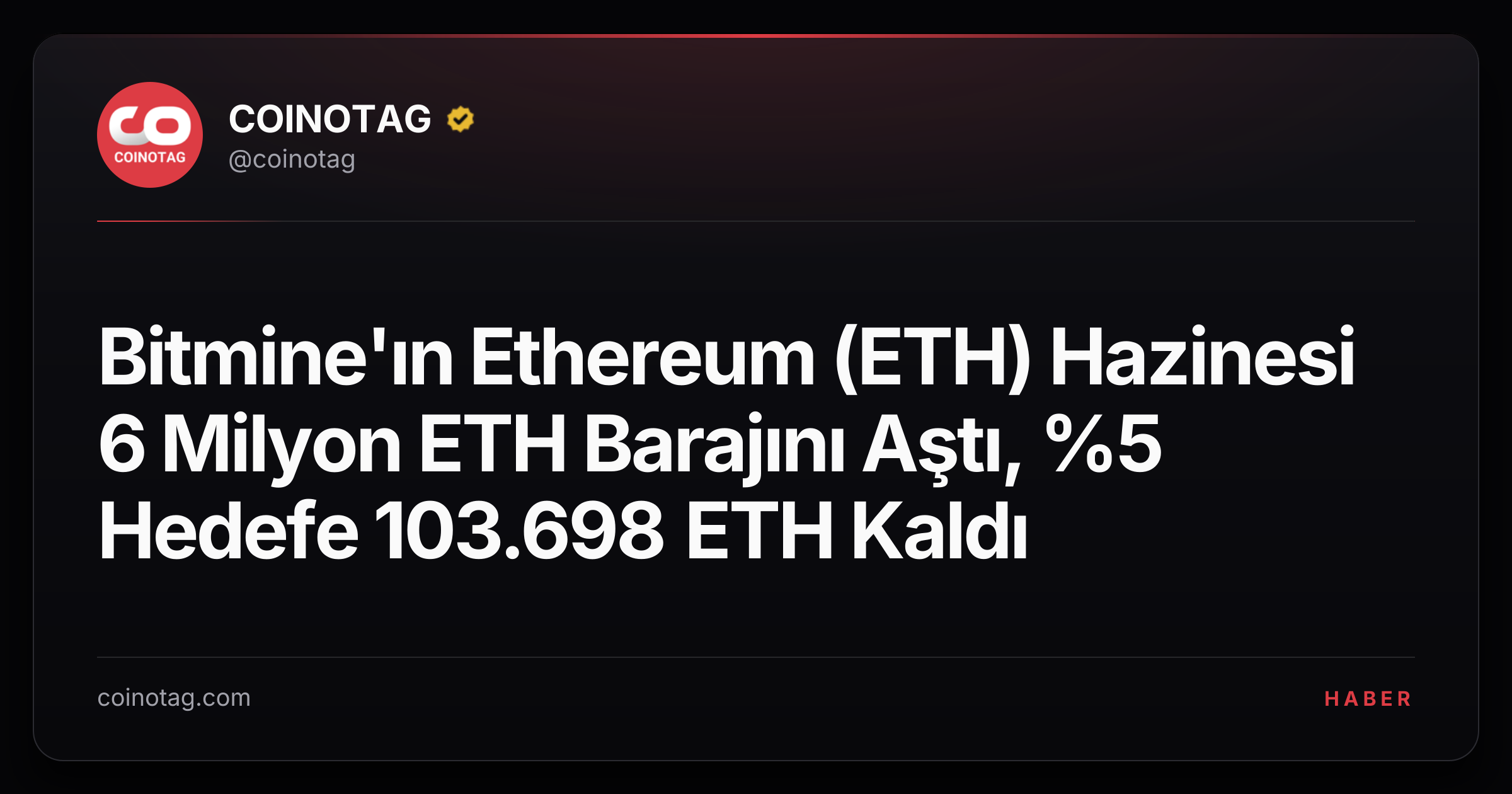 Bitmine'ın Ethereum (ETH) Hazinesi 6 Milyon ETH Barajını Aştı, %5 Hedefe 103.698 ETH Kaldı
