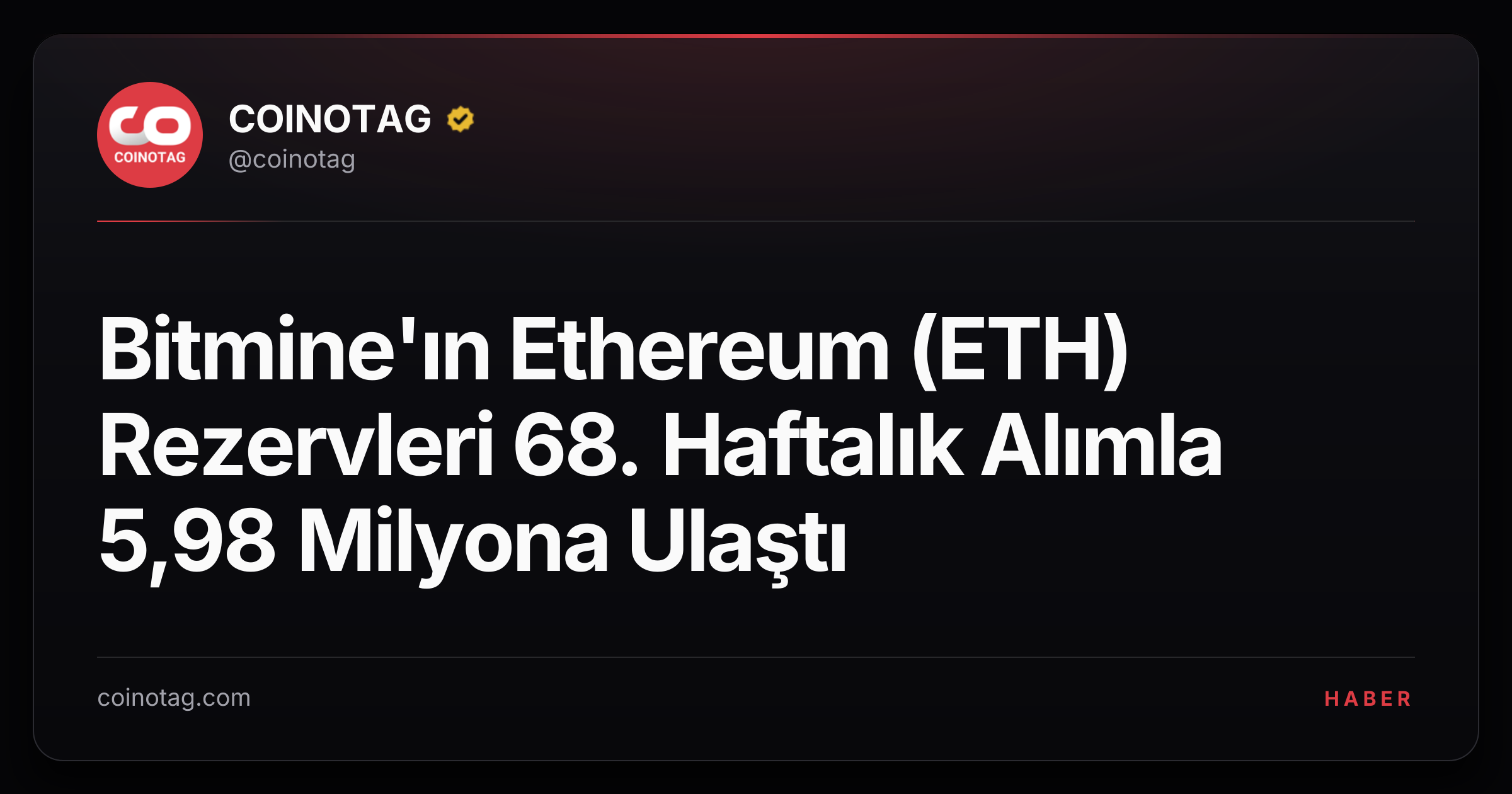 Bitmine'ın Ethereum (ETH) Rezervleri 68. Haftalık Alımla 5,98 Milyona Ulaştı