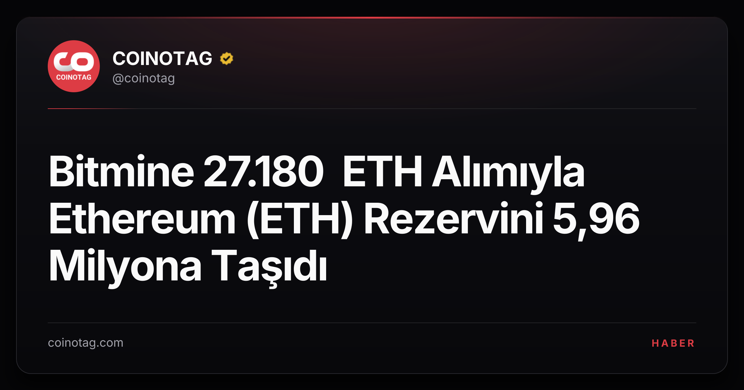 Bitmine 27.180 ETH Alımıyla Ethereum (ETH) Rezervini 5,96 Milyona Taşıdı