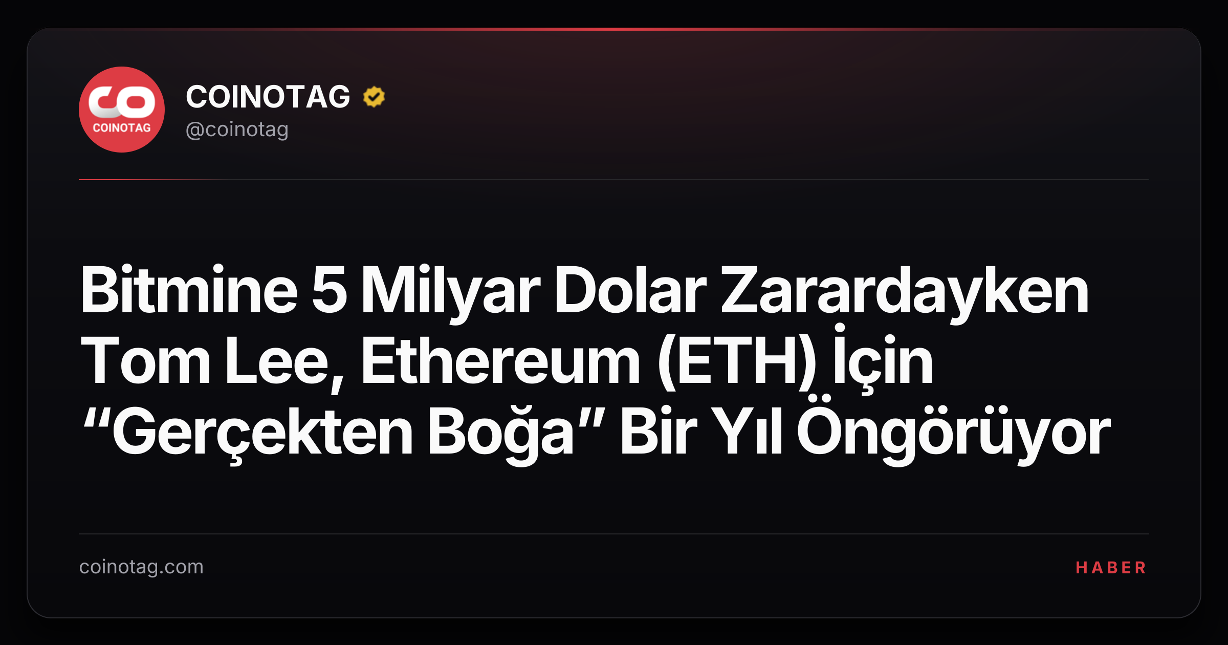 Bitmine 5 Milyar Dolar Zarardayken Tom Lee, Ethereum (ETH) İçin “Gerçekten Boğa” Bir Yıl Öngörüyor