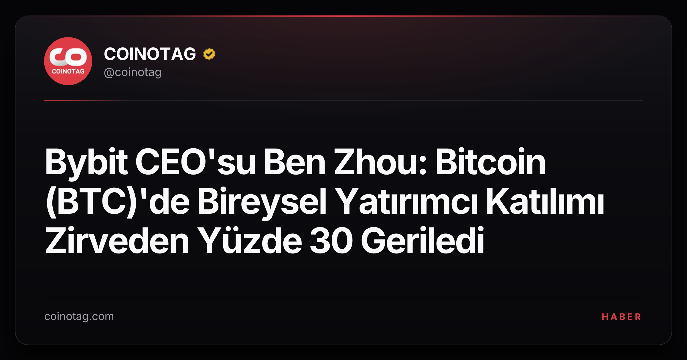 Bybit CEO'su Ben Zhou: Bitcoin (BTC)'de Bireysel Yatırımcı Katılımı Zirveden Yüzde 30 Geriledi