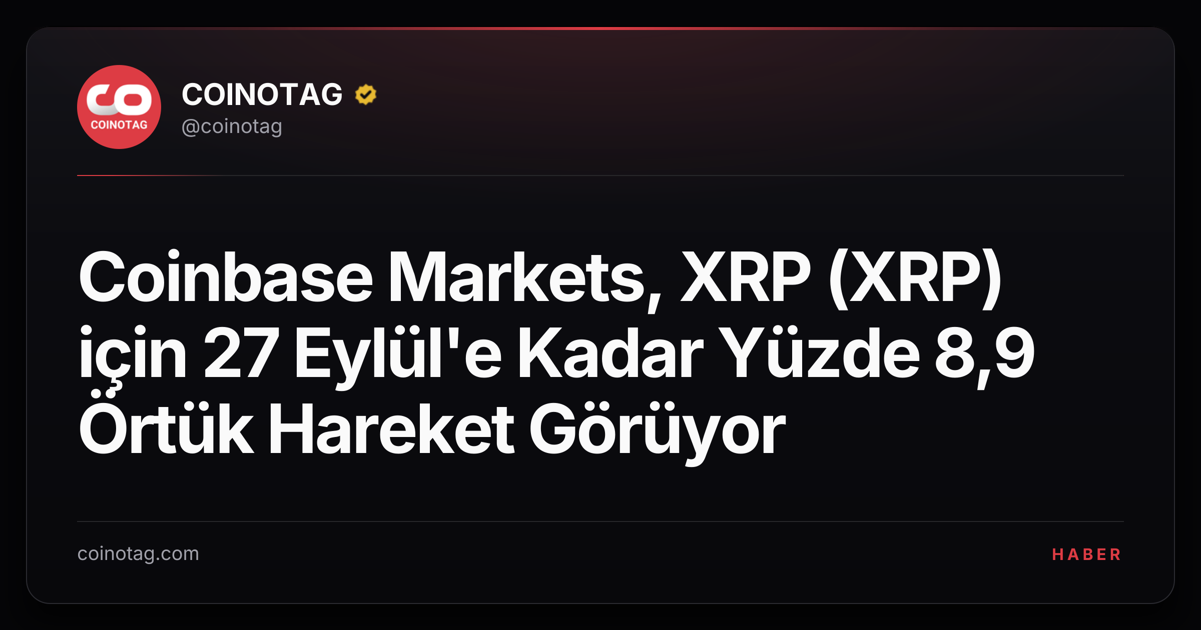 Coinbase Markets, XRP (XRP) için 27 Eylül'e Kadar Yüzde 8,9 Örtük Hareket Görüyor