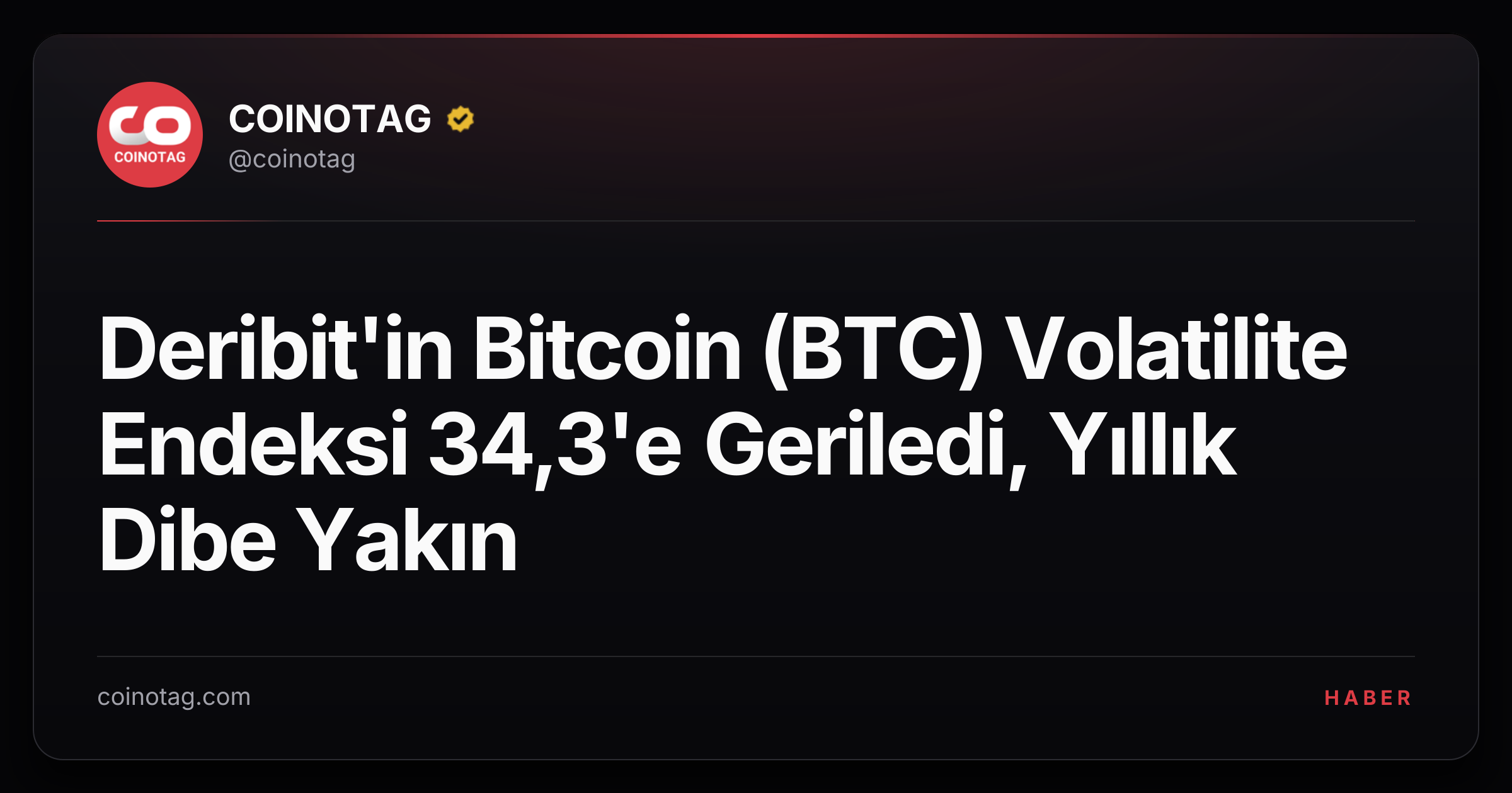 Deribit'in Bitcoin (BTC) Volatilite Endeksi 34,3'e Geriledi, Yıllık Dibe Yakın