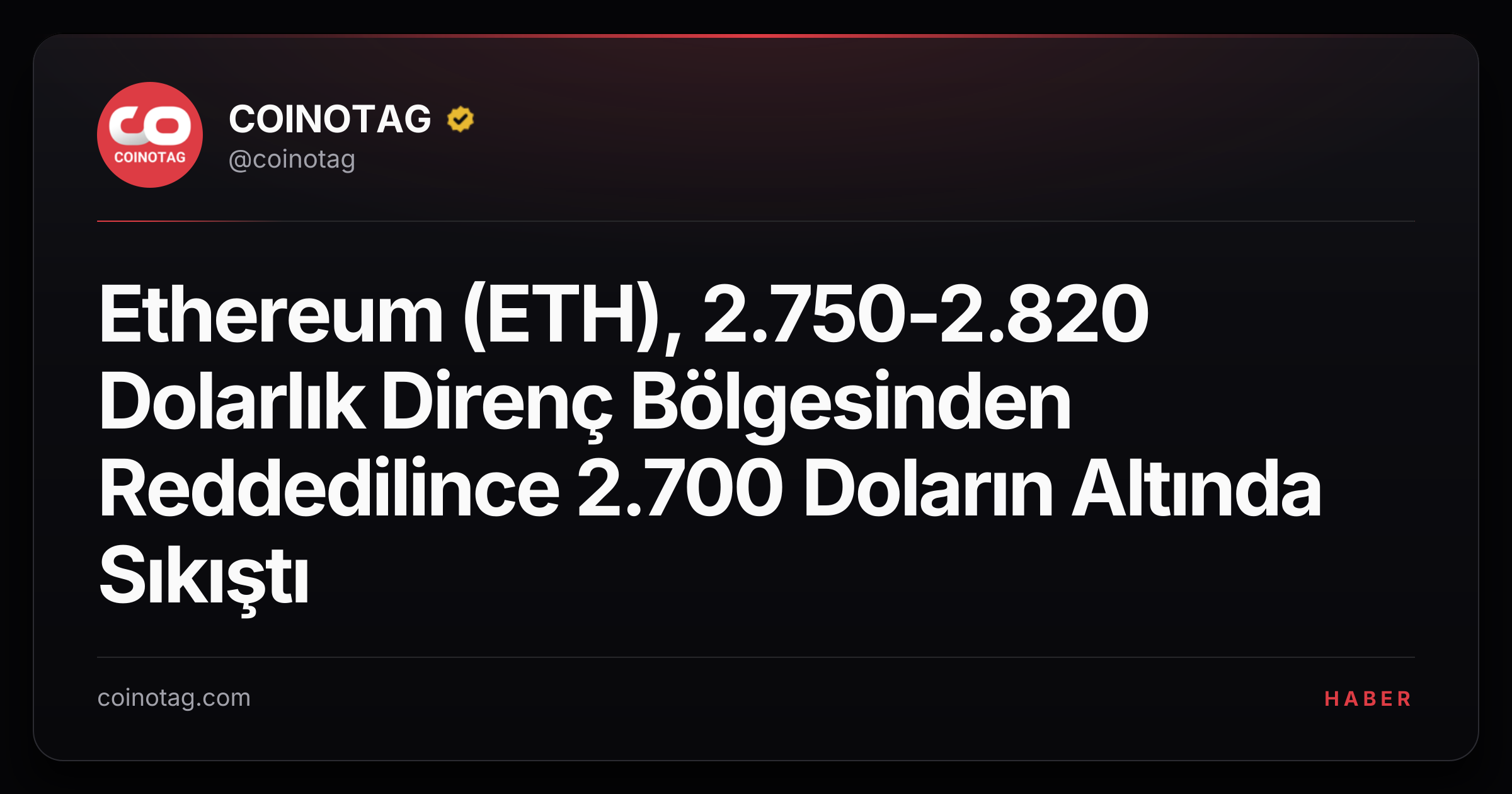 Ethereum (ETH), 2.750-2.820 Dolarlık Direnç Bölgesinden Reddedilince 2.700 Doların Altında Sıkıştı