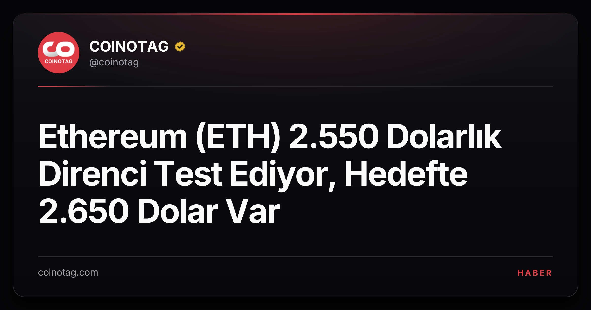 Ethereum (ETH) 2.550 Dolarlık Direnci Test Ediyor, Hedefte 2.650 Dolar Var