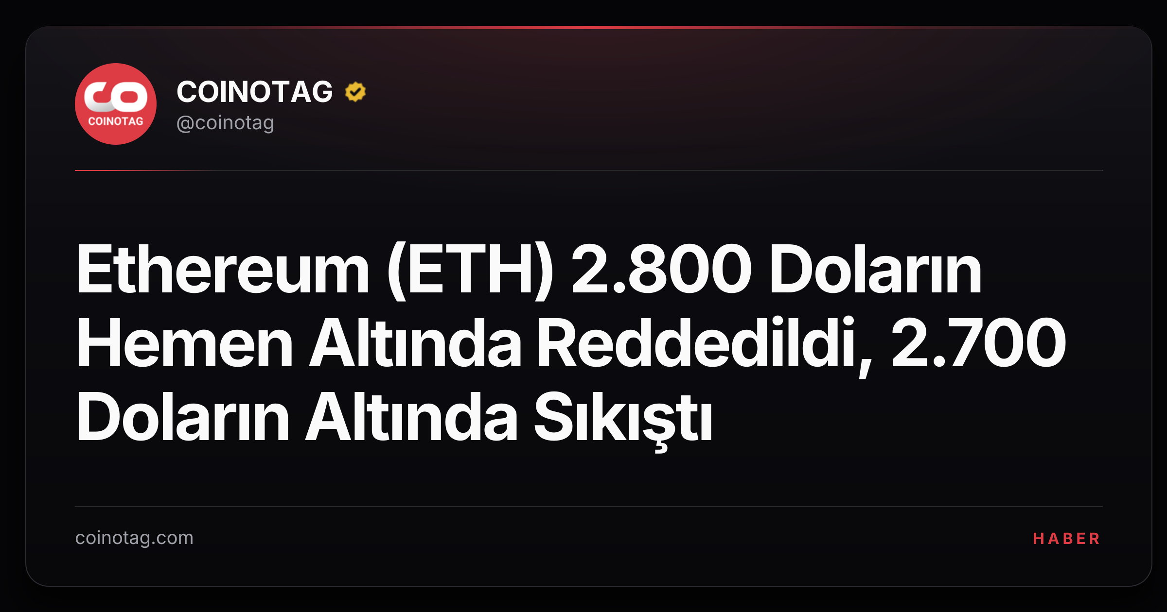 Ethereum (ETH) 2.800 Doların Hemen Altında Reddedildi, 2.700 Doların Altında Sıkıştı