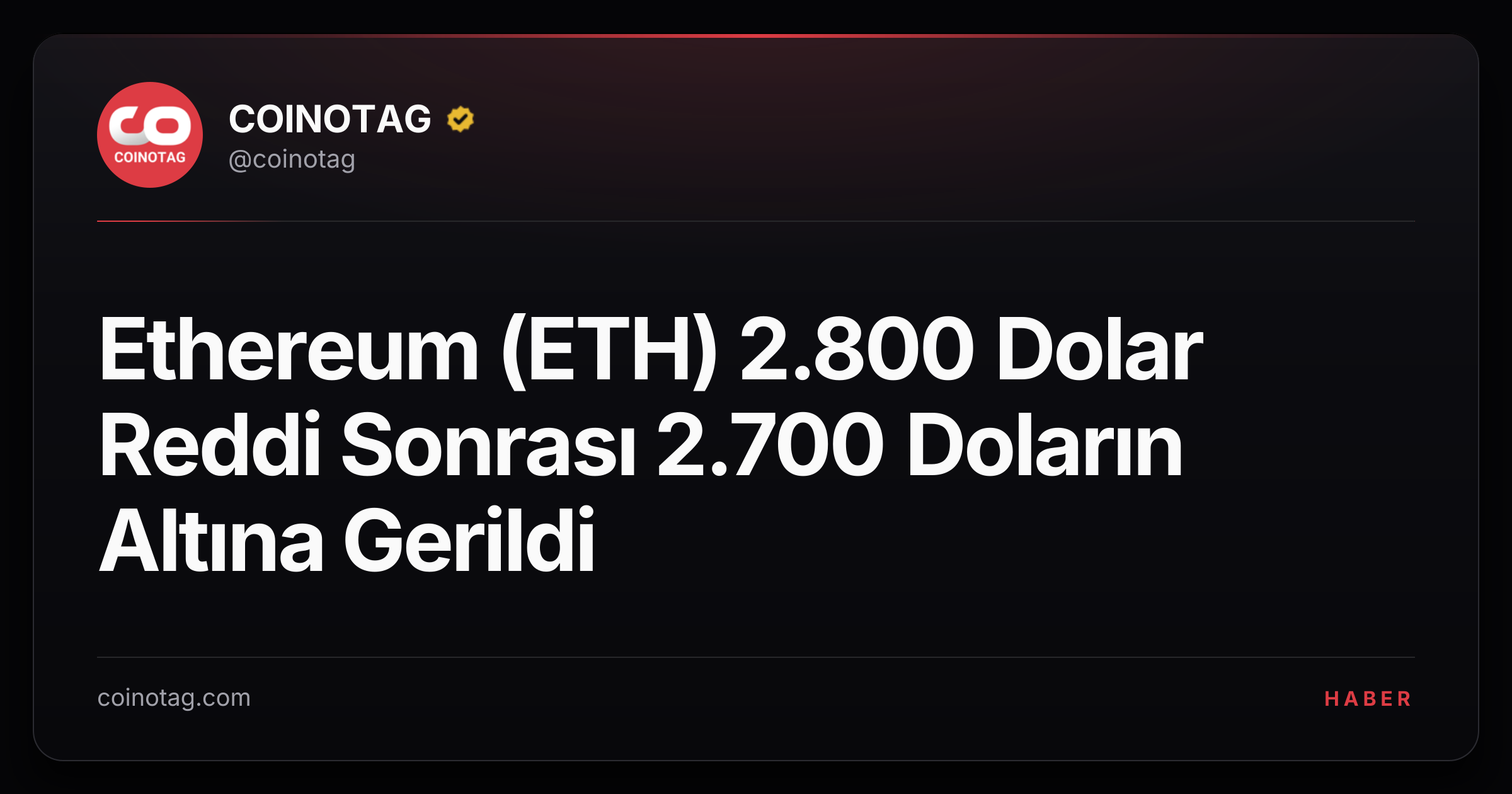 Ethereum (ETH) 2.800 Dolar Reddi Sonrası 2.700 Doların Altına Gerildi