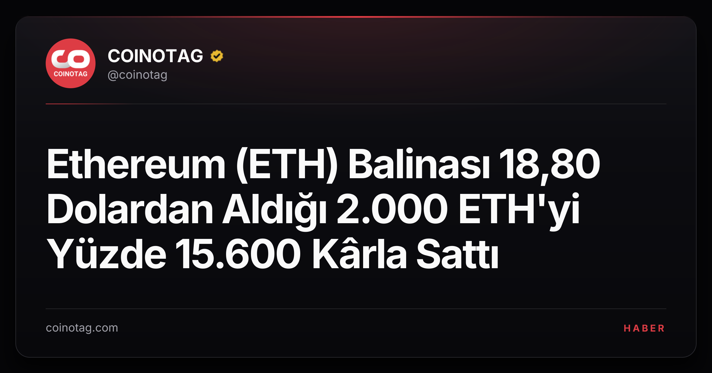 Ethereum (ETH) Balinası 18,80 Dolardan Aldığı 2.000 ETH'yi Yüzde 15.600 Kârla Sattı