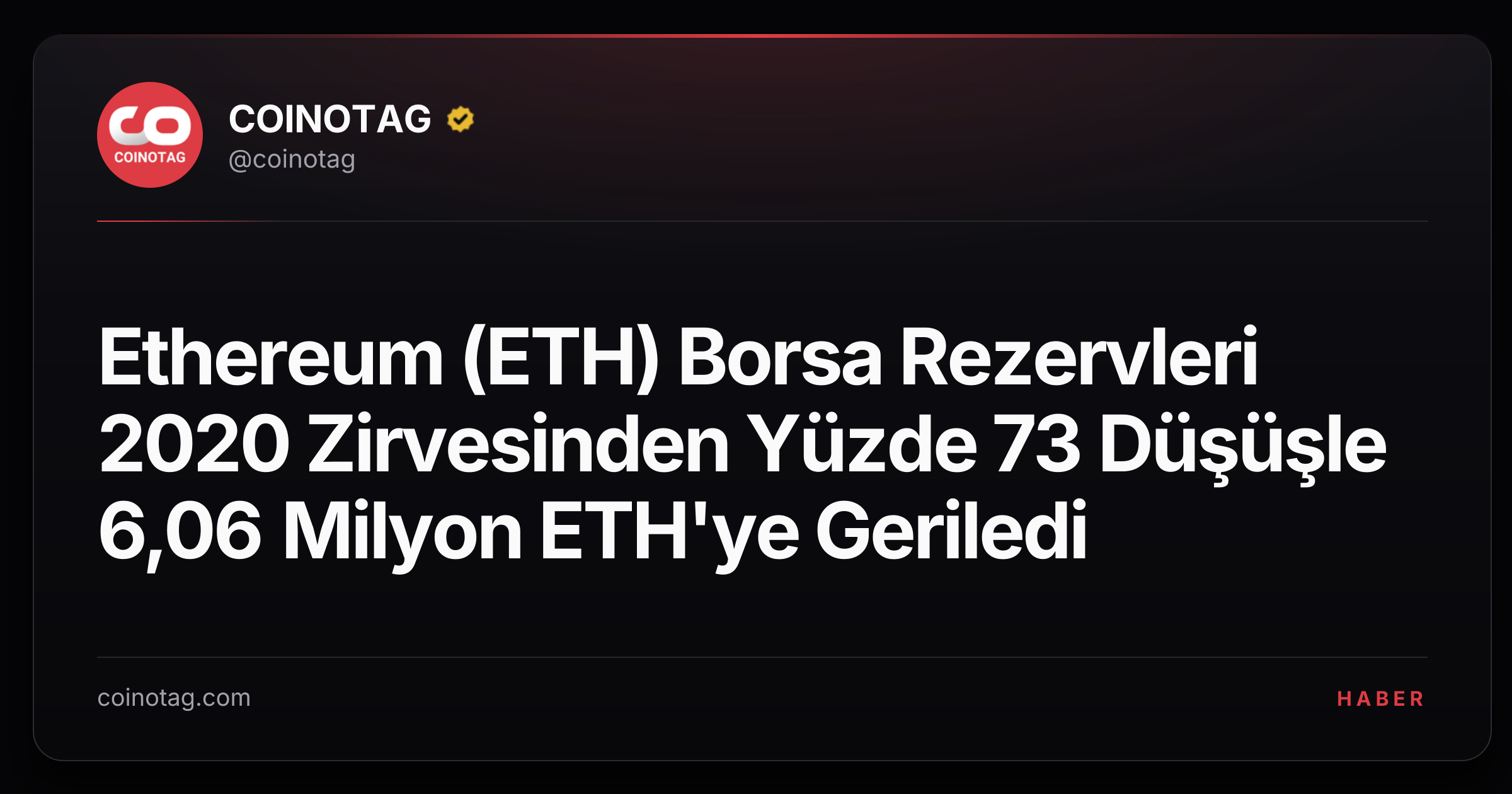 Ethereum (ETH) Borsa Rezervleri 2020 Zirvesinden Yüzde 73 Düşüşle 6,06 Milyon ETH'ye Geriledi
