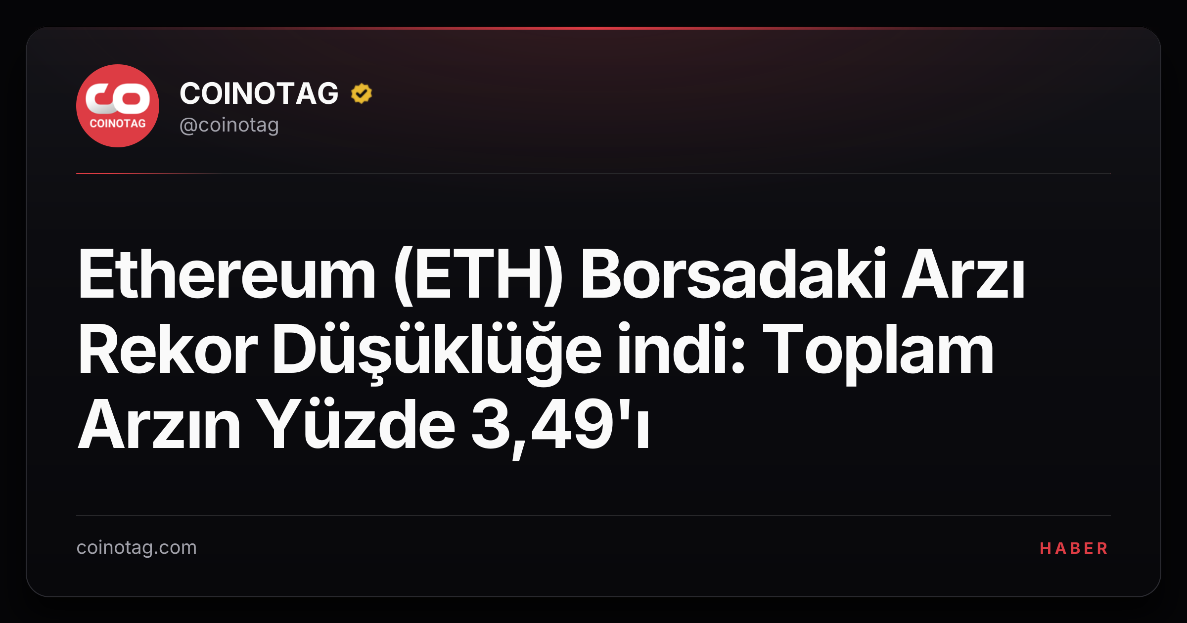 Ethereum (ETH) Borsadaki Arzı Rekor Düşüklüğe indi: Toplam Arzın Yüzde 3,49'ı