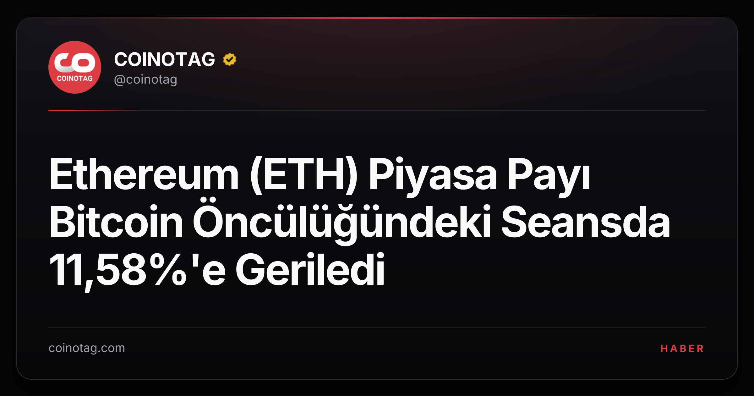 Ethereum (ETH) Piyasa Payı Bitcoin Öncülüğündeki Seansda 11,58%'e Geriledi