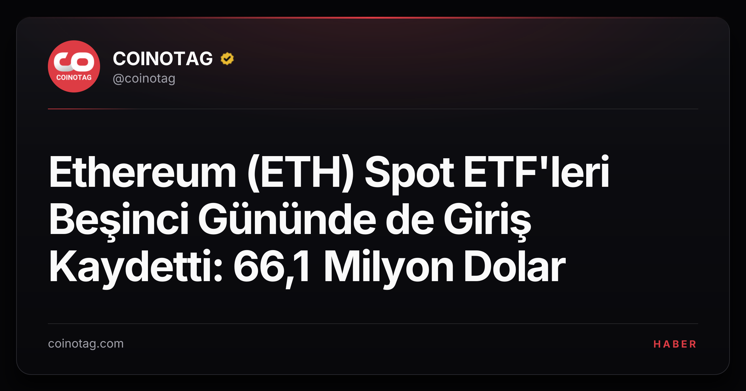 Ethereum (ETH) Spot ETF'leri Beşinci Gününde de Giriş Kaydetti: 66,1 Milyon Dolar