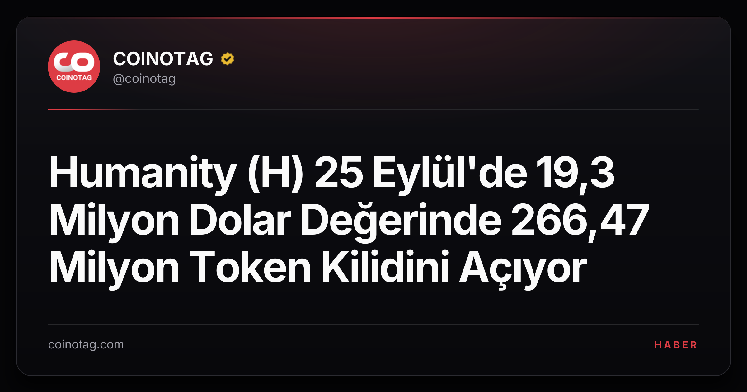 Humanity (H) 25 Eylül'de 19,3 Milyon Dolar Değerinde 266,47 Milyon Token Kilidini Açıyor