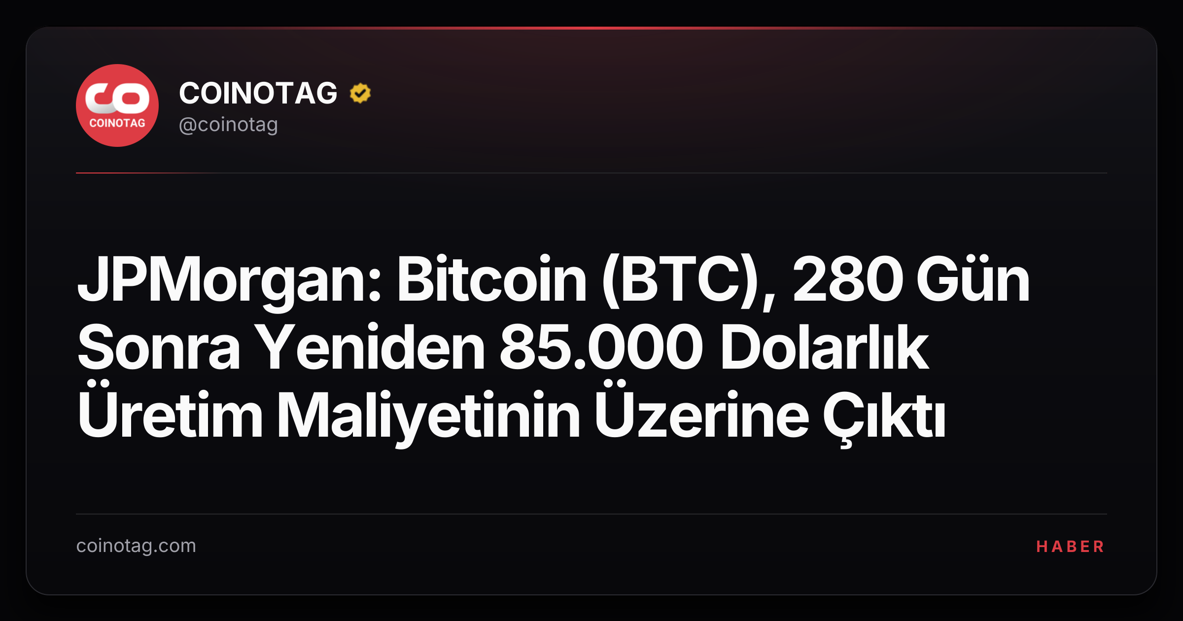 JPMorgan: Bitcoin (BTC), 280 Gün Sonra Yeniden 85.000 Dolarlık Üretim Maliyetinin Üzerine Çıktı