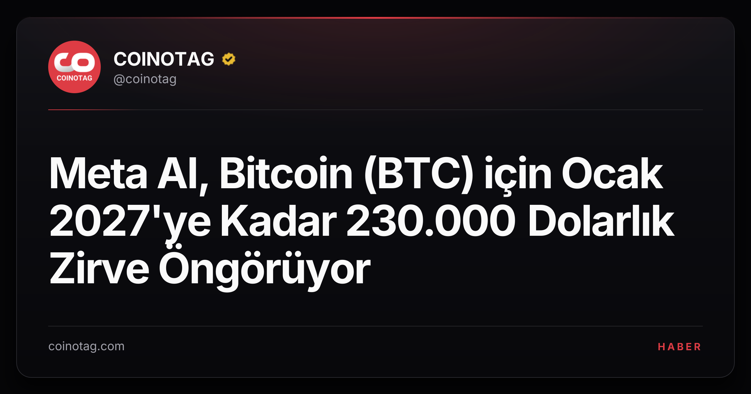 Meta AI, Bitcoin (BTC) için Ocak 2027'ye Kadar 230.000 Dolarlık Zirve Öngörüyor