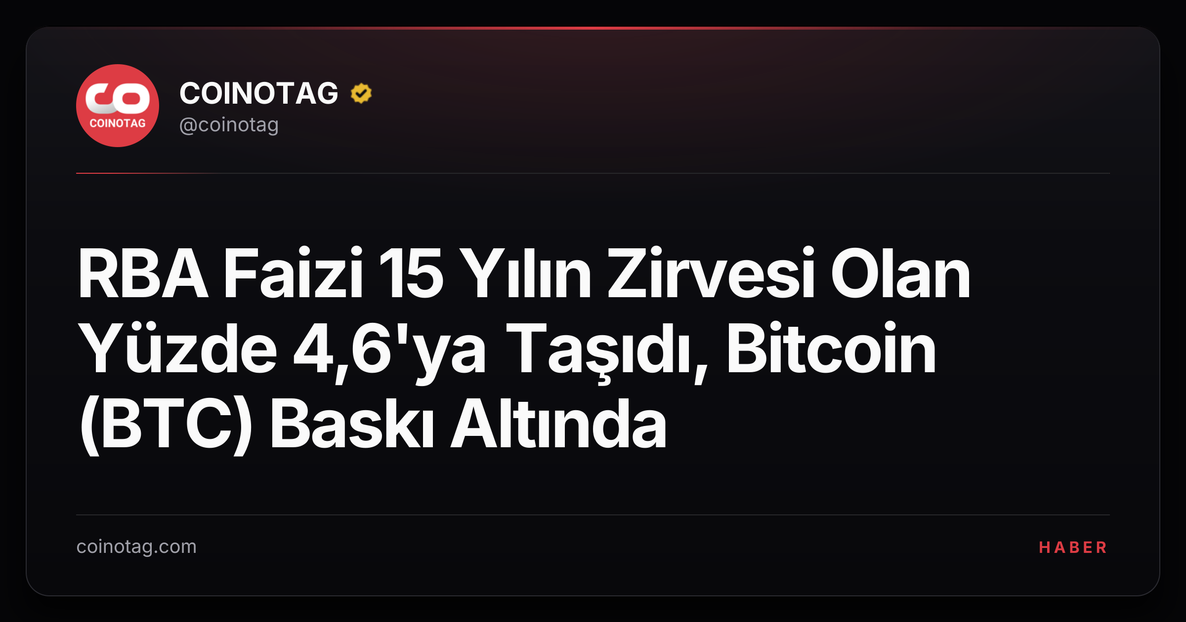 RBA Faizi 15 Yılın Zirvesi Olan Yüzde 4,6'ya Taşıdı, Bitcoin (BTC) Baskı Altında