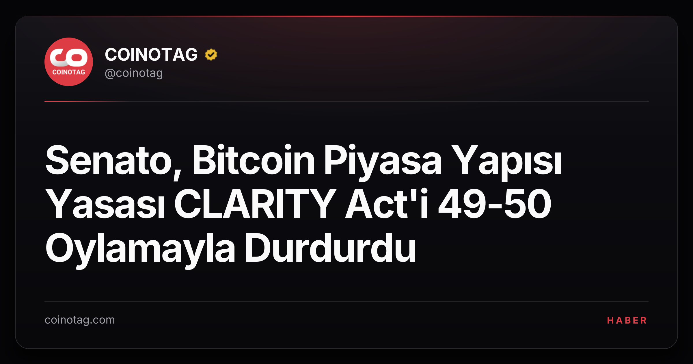 Senato, Bitcoin Piyasa Yapısı Yasası CLARITY Act'i 49-50 Oylamayla Durdurdu