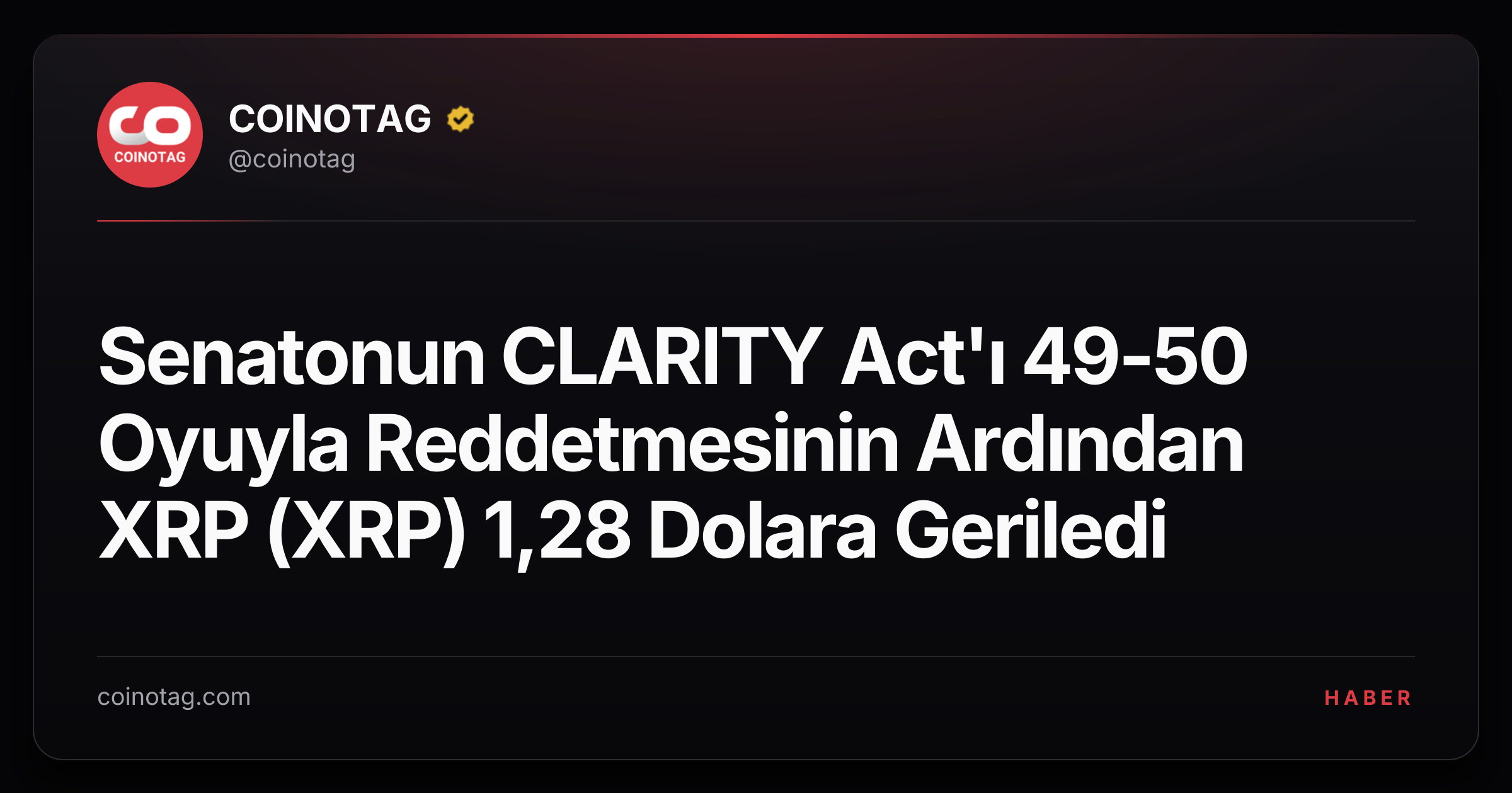 Senatonun CLARITY Act'ı 49-50 Oyuyla Reddetmesinin Ardından XRP (XRP) 1,28 Dolara Geriledi