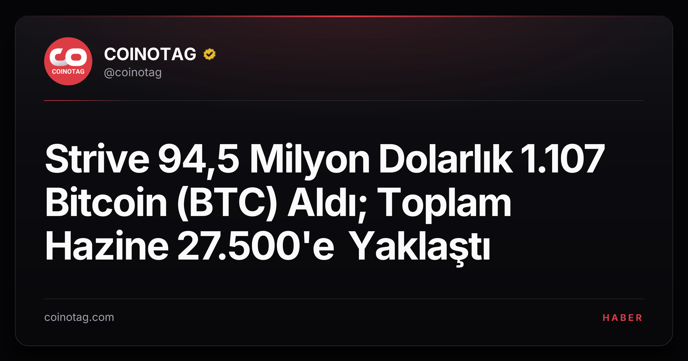 Strive 94,5 Milyon Dolarlık 1.107 Bitcoin (BTC) Aldı; Toplam Hazine 27.500'e Yaklaştı