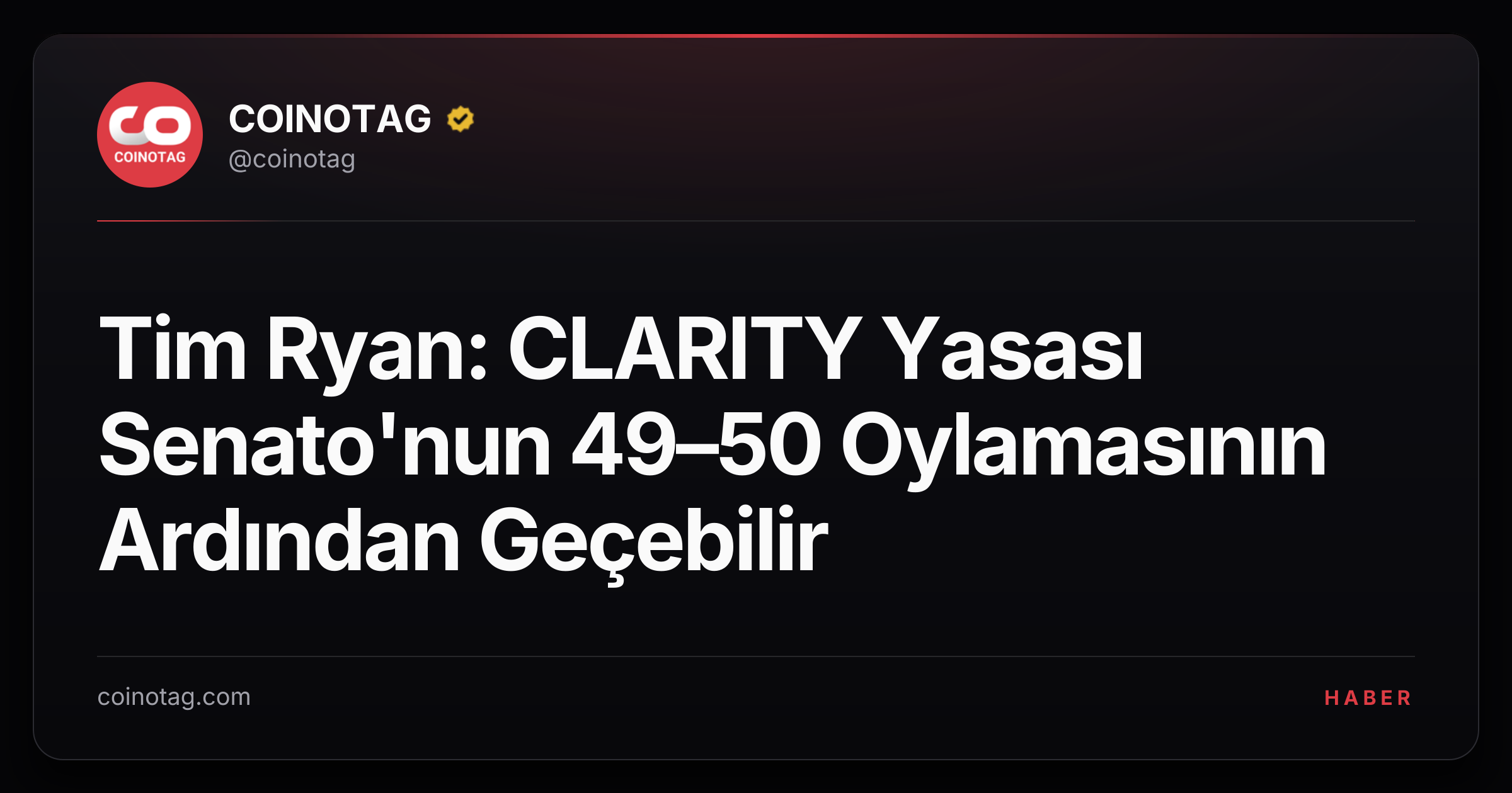 Tim Ryan: CLARITY Yasası Senato'nun 49–50 Oylamasının Ardından Geçebilir