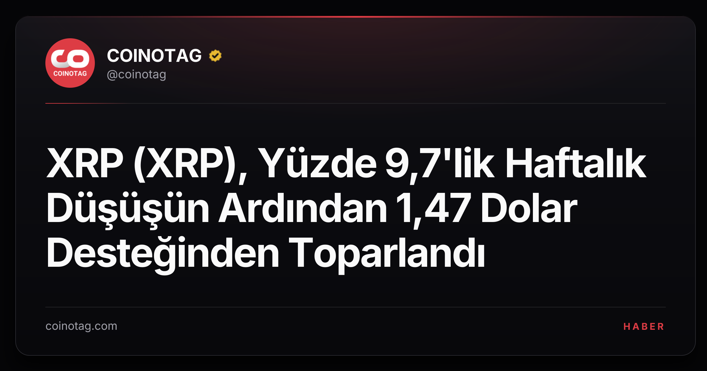 XRP (XRP), Yüzde 9,7'lik Haftalık Düşüşün Ardından 1,47 Dolar Desteğinden Toparlandı