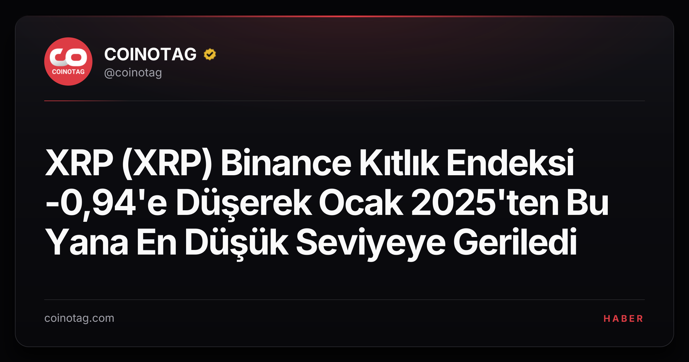 XRP (XRP) Binance Kıtlık Endeksi -0,94'e Düşerek Ocak 2025'ten Bu Yana En Düşük Seviyeye Geriledi