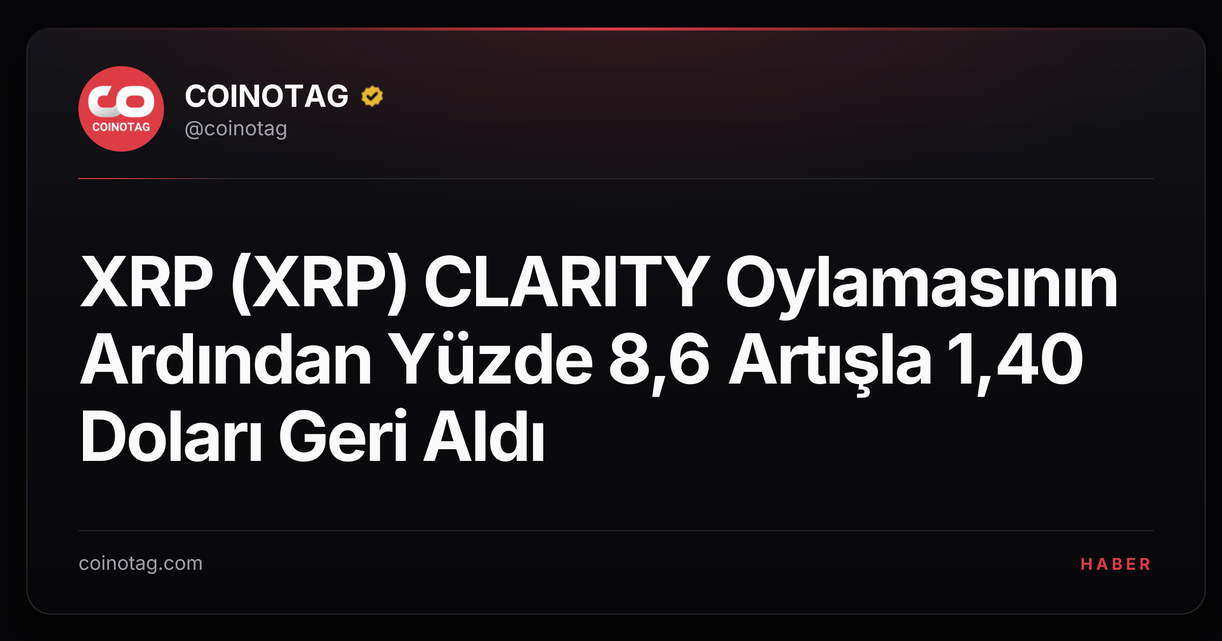 XRP (XRP) CLARITY Oylamasının Ardından Yüzde 8,6 Artışla 1,40 Doları Geri Aldı